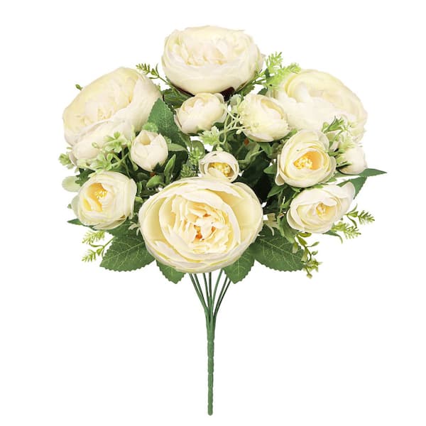 12 in. Ivory Artificial Peony Flower Stem Bush Bouquet (Set of 3)