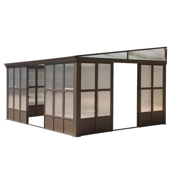 12 ft. x 16 ft. Outdoor Fixed Aluminum Lean to Gazebo Gazebos, Garden Patio Deck with Windows, 2 Lockable Sliding Doors