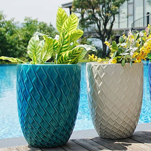 1-Piece 21.26 in. H Handmade Round Cyan Blue Ceramic Planter with Diamond Pattern for Indoor Outdoor Use