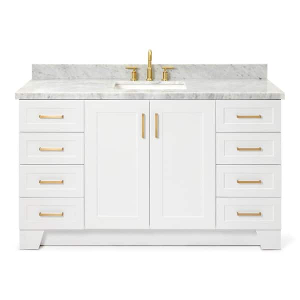 Taylor 61 in. W x 22 in. D x 36 in. H Bath Vanity in White with Carrara White Marble Top