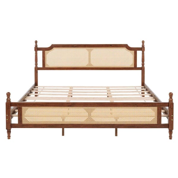 Walnut Brown Solid Wood Pine Frame King Size Bed Platform Bed with Rattan Headboard