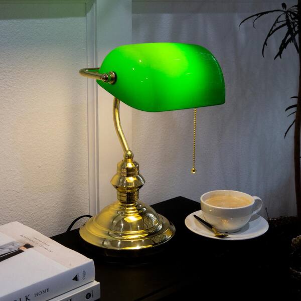 Brass Indoor Bankers Desk Lamp, Bankers Style Desk Lamp With Green Glass Shade