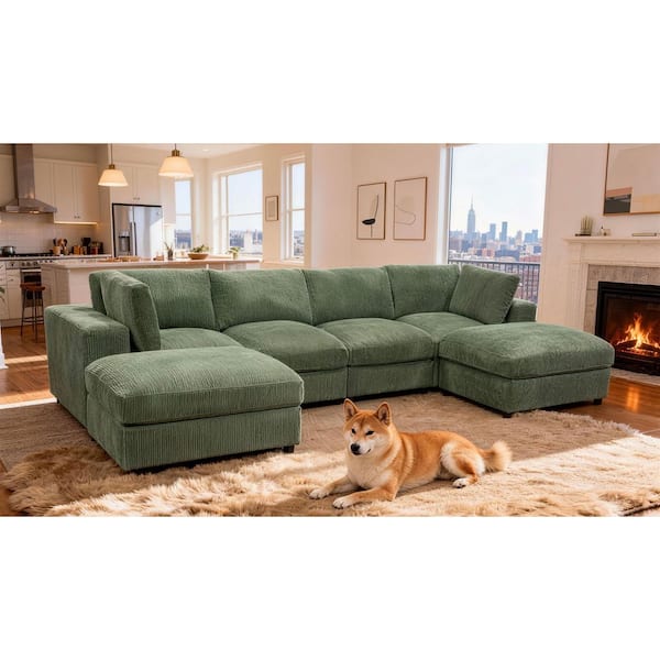 Noah Modern 132 in. Square Arm 6-Piece Corduroy Modular Sectional Sofa in Dark Green with 2-Ottomans, Reversible