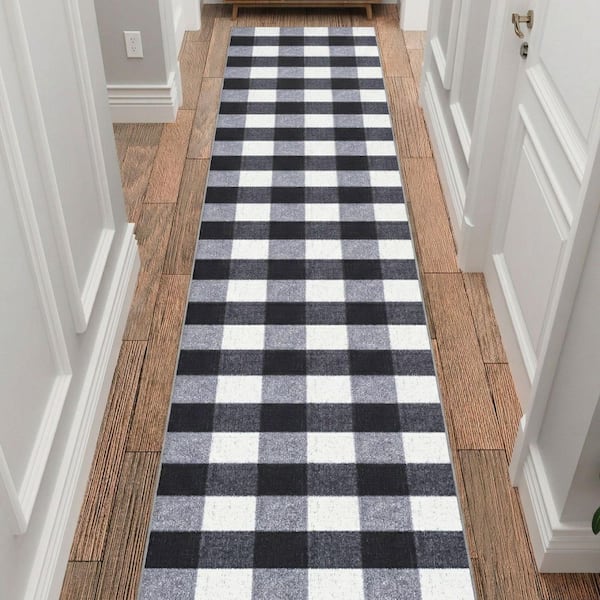 Homeline Non-Slip Rubberback 3 ft. x 23 ft. Checkered Buffalo Plaid Indoor Runner Rug, Grayscale