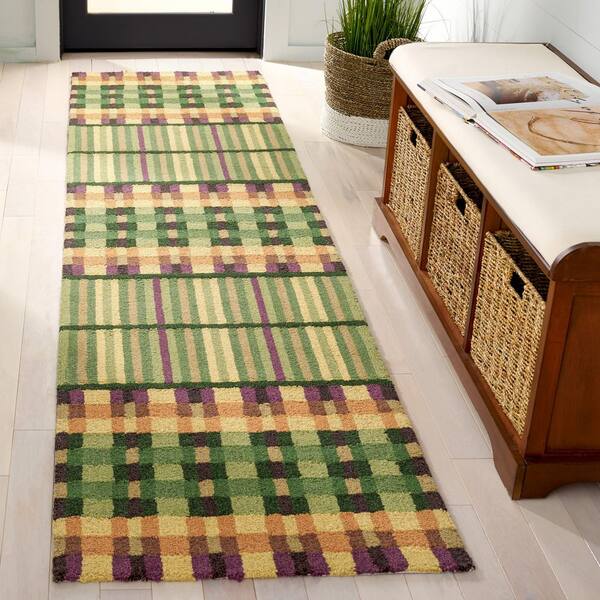 Metro 2 ft. x 9 ft. Green/Gold Striped Geometric Lattice Runner Rug