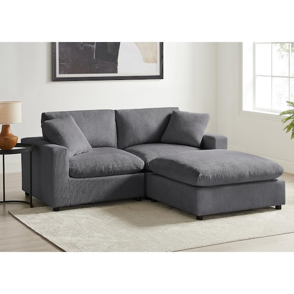 Casella 80 in. Square Arm 3-Piece Corduroy Fabric Straight Chofa Sectional in Charcoal