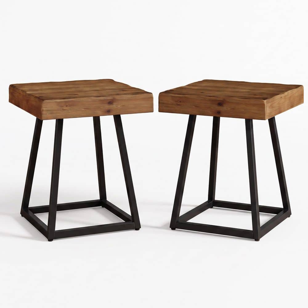 Set of 2 Fenley Brown and Black 20 in. Solid Wood Nightstand, Square Bedside Table with Metal Frame foe Bedroom