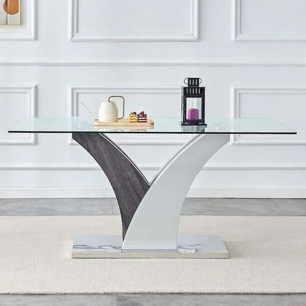Gray/Transparent 63 in. W Rectangle Glass Top Pedestal Dining Table with Artistic MDF Legs