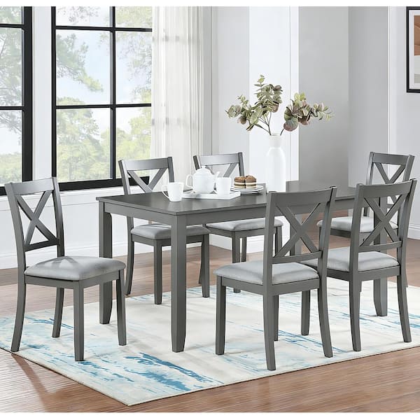 Grey 58.5 Inch 7-Piece Solid Wood Dining Set with 6 Padded Chairs (X-Back Style) for Kitchen