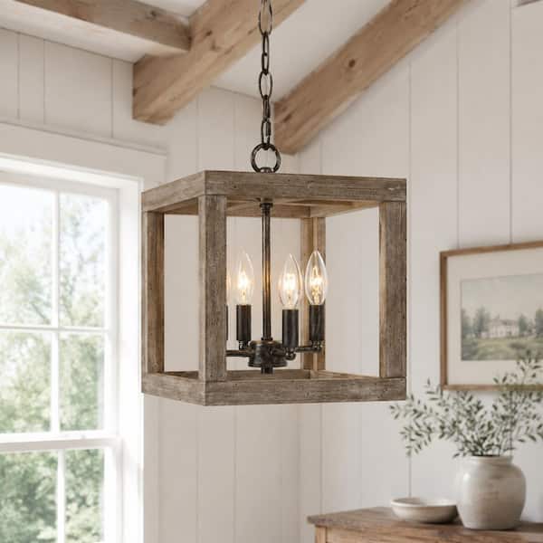 Farmhouse Wood Lantern Dining Room Chandelier Niki 4-Light Rustic Cage Island Chandelier Pendant Light