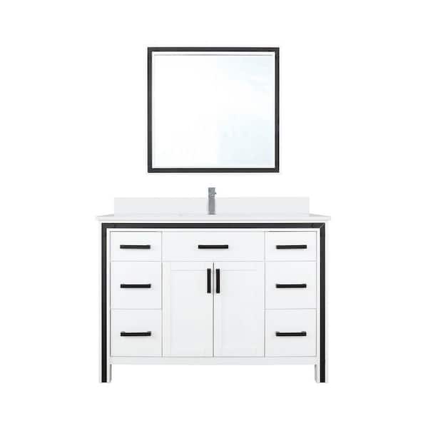 Ziva 48 in W x 22 in D White Bath Vanity, White Quartz Top, Faucet Set and 34 in Mirror