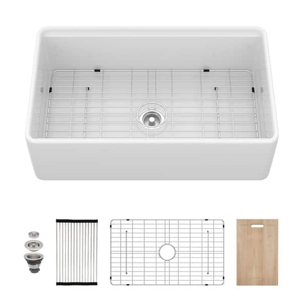30 in. x 20 in. x 10 in. White Farmhouse Workstation Sink-Single Bowl Porcelain Ceramic Kitchen Sink
