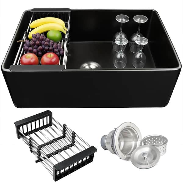 Black Fireclay 30 in. Single Bowl Apron-Front Kitchen Sink with Basket Strainer