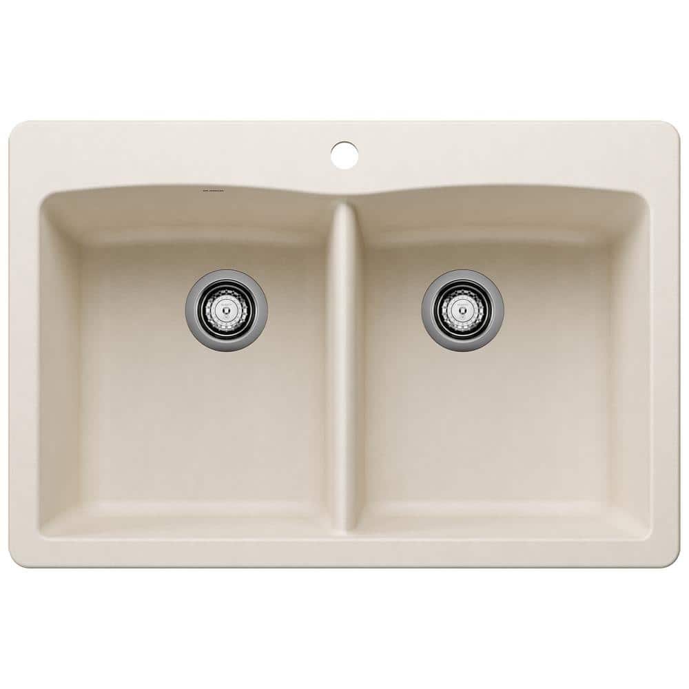 Diamond Silgranit 33 in. Drop-In/Undermount 50/50 Double Bowl Soft White Gr