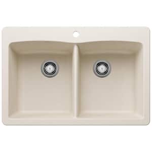 Diamond Silgranit 33 in. Drop-In/Undermount 50/50 Double Bowl Soft White Granite Composite Kitchen Sink