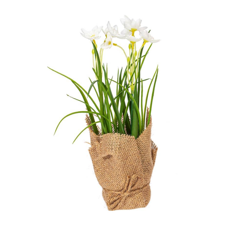 10'' Yellow and White Artificial Daffodil Burlap Potted Arrangement