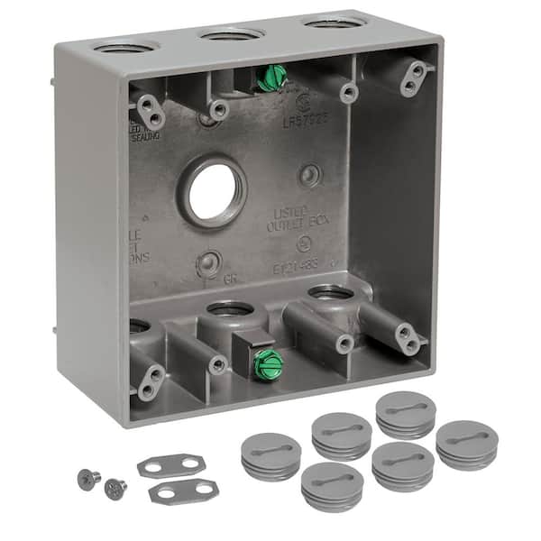 Commercial Electric 2-Gang Metal Weatherproof Electrical Outlet Box with (7) 1/2 inch Holes, Gray