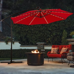 10 ft. Cantilever Patio Umbrella?Hanging Outdoor Market Umbrella With 7 Colored Solar LED, Red