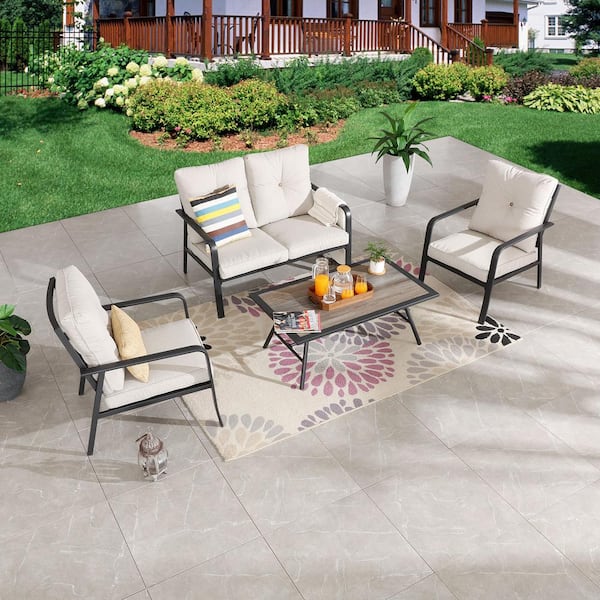 Patio Festival 4-Piece Metal Patio Conversation Set with Beige Cushions