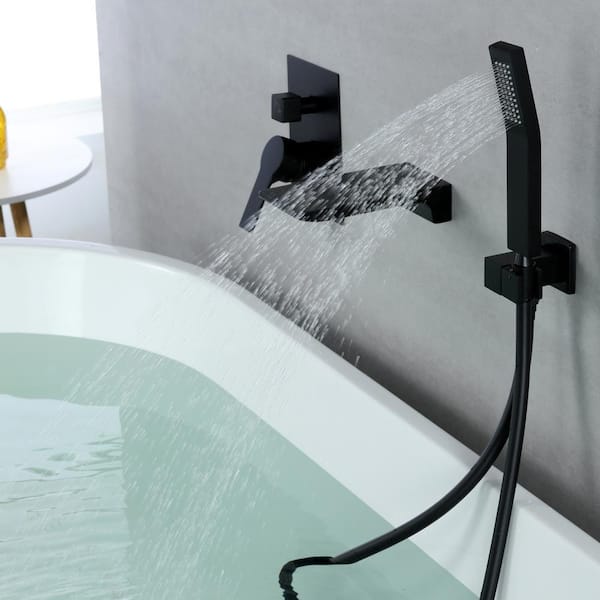 Single-Handle Wall-Mount Roman Tub Faucet with Hand Shower and Waterfall Spout in Matte Black (Valve Included)