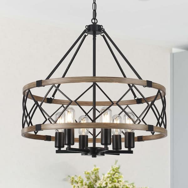 6-Light Natural Circle Hanging Candlestick Linear Chandelier Lighting Fixture for Kitchen Island
