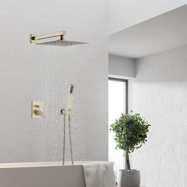 1-Spray Wall Bar Shower Kit with Hand Shower in Brushed Gold