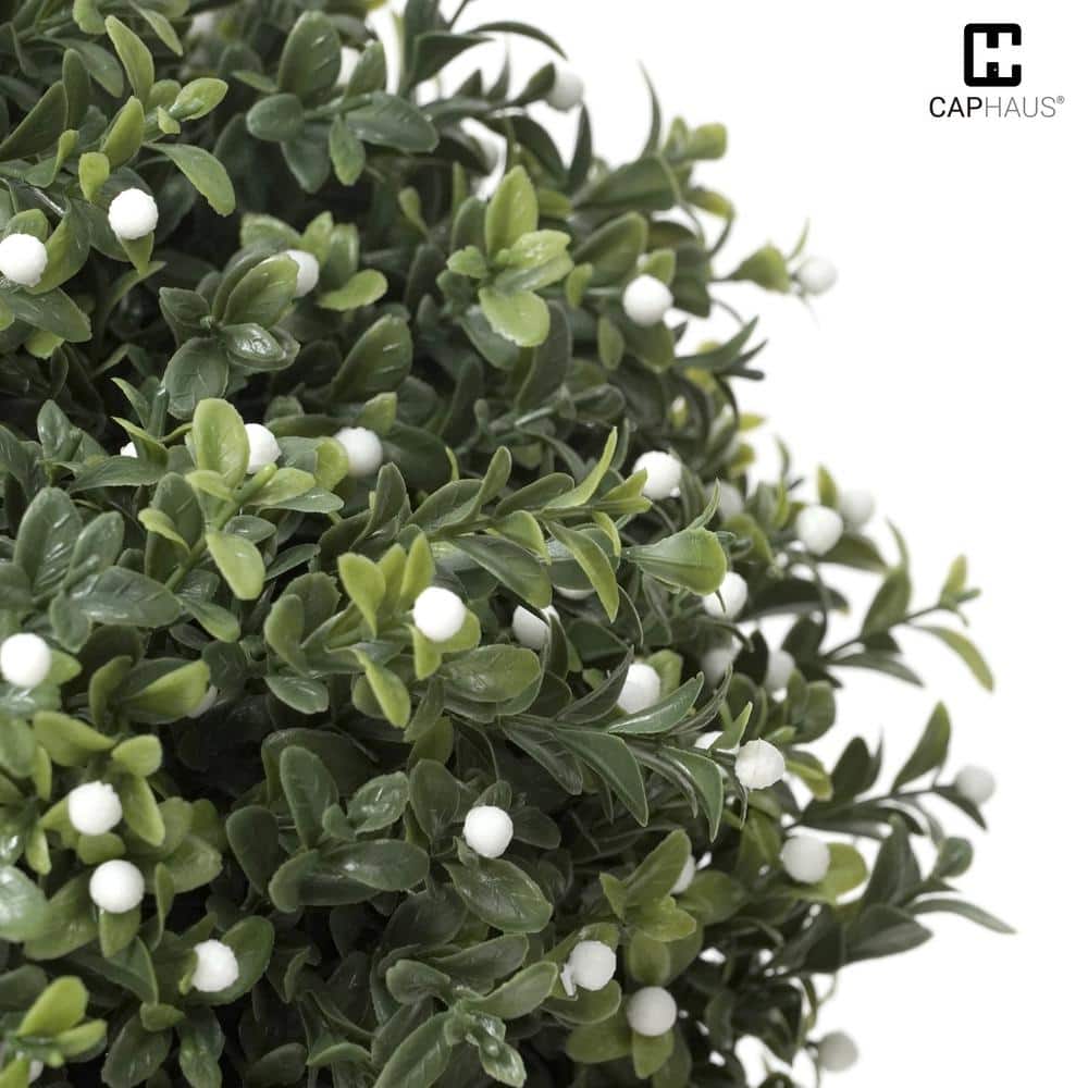 2-Foot Artificial Boxwood Topiary Ball Tree with White Flowers in Black Plastic Pot