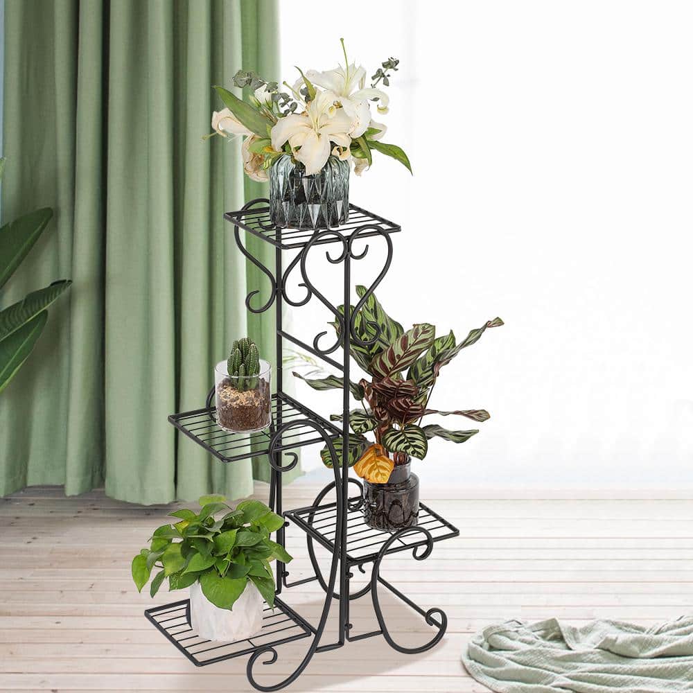 Black Metal 4-Potted Square Flower Plant Stand for Indoor Outdoor