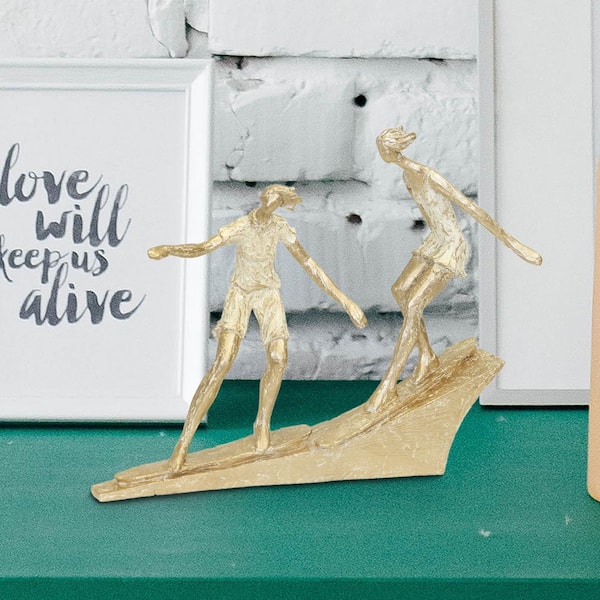 Benjara Gold Miniature Polyresin Surfing Couple Statuetted