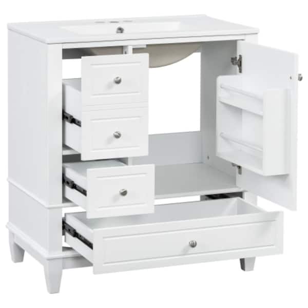 30 in. W x 18.3 in. D x 33.7 in. H Bathroom White Linen Cabinet with Shelf and Three Drawers, Soft Close Door