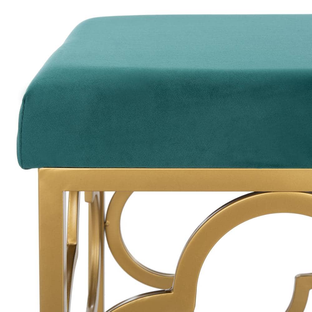 Emerald Velvet and Gold Quatrefoil 45" Bench