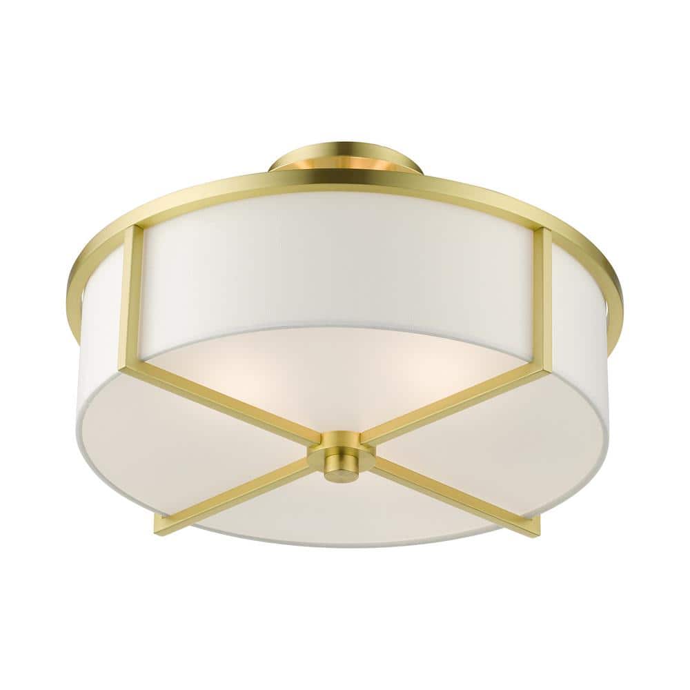 Satin Brass and Glass 3-Light Drum Semi-Flush Mount
