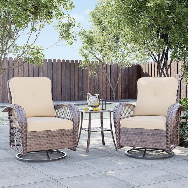 UPHA 3-Piece Brown Wicker Patio Outdoor Rocking Chair Set with Beige ...