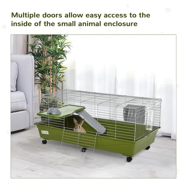 PawHut Rolling Metal Rabbit, Guinea Pig, or Small Animal Hutch Cage with Main House and Run, 47 L