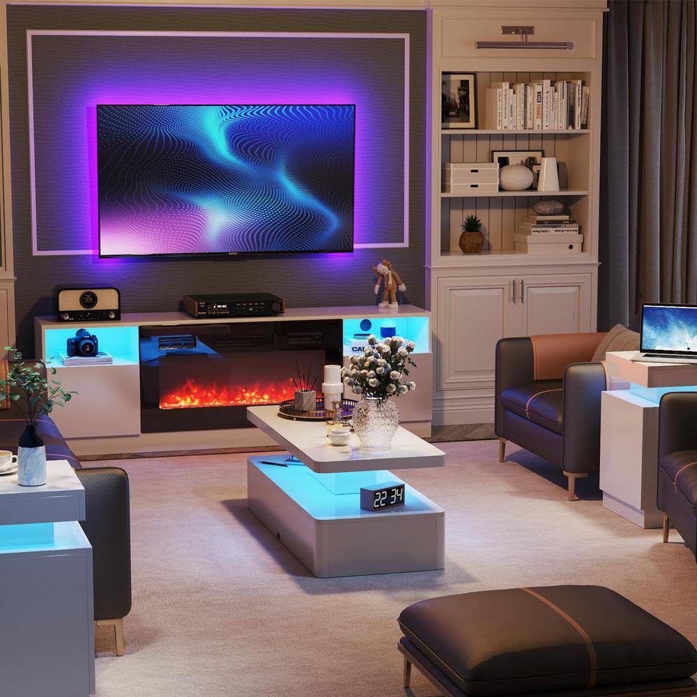 White High Gloss Acrylic Coffee Table with LED Lights and Storage