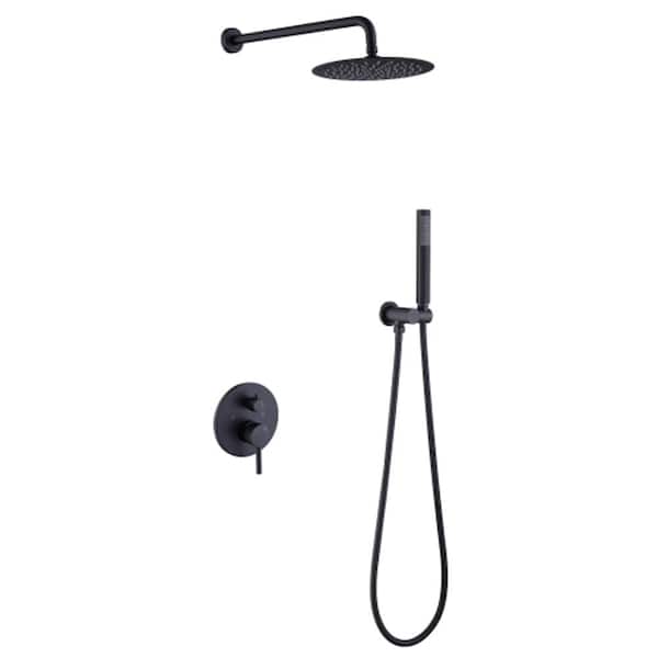 Lukvuzo 10 in. 2-spray Dual 2.5 GPM Pressure Balance Shower System Set with Round Head and Handheld Shower in Matte Black