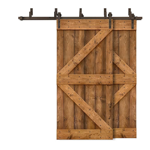 CALHOME 44 in. x 84 in. K-Bypass Walnut Stained DIY Solid Knotty Wood Interior Double Sliding Barn Door with Hardware Kit