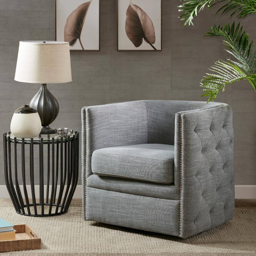 Slate Barrel Swivel Accent Chair with Wood Frame