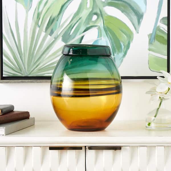 Litton Lane 11 in. Green Handmade Ombre Glass Decorative Vase with Yellow Base