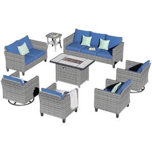 New Star Gray 8-Piece Wicker Patio Rectangle Fire Pit Conversation Seating Set with Blue Cushions and Swivel Chairs