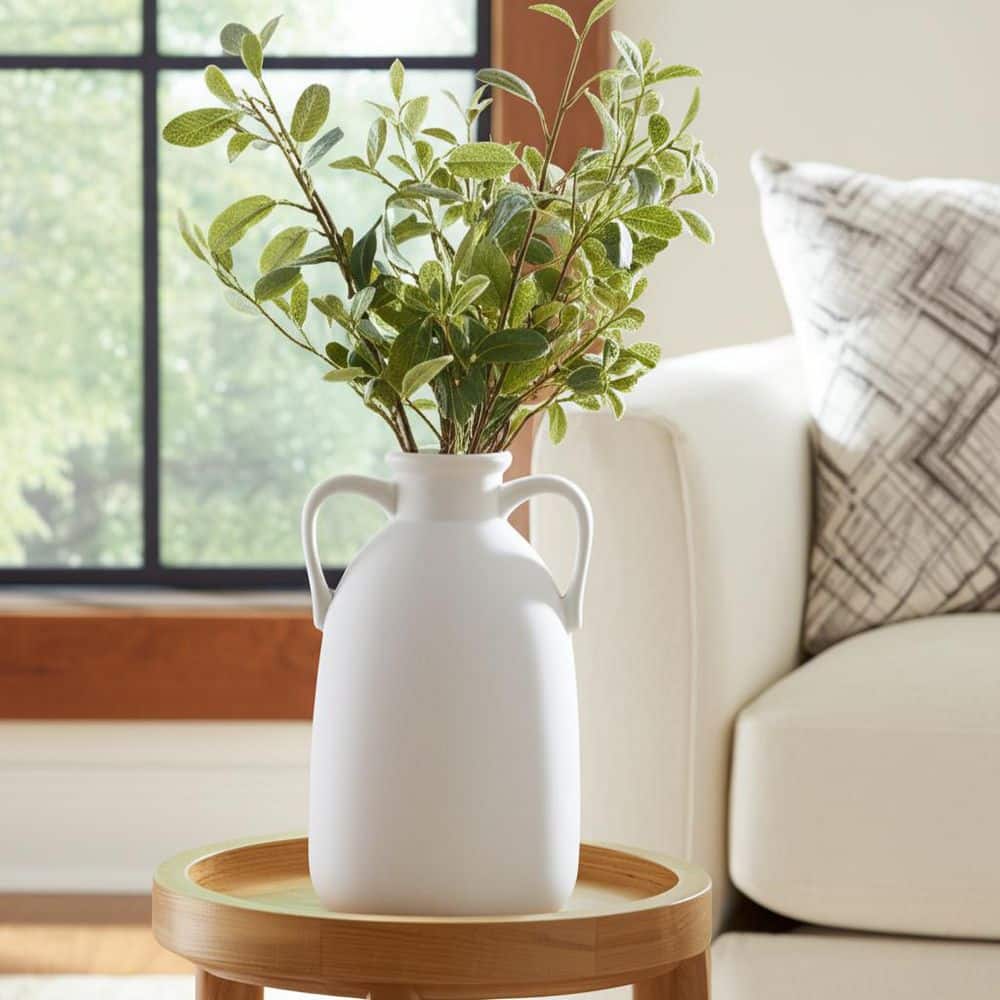 Liv & Skye 10 in. White Ceramic Amphora Decorative Vase with Dual