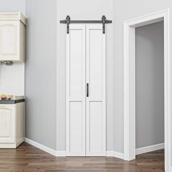 ARK DESIGN 25 in. x 84 in. Solid Core White Primed MDF Wood Paneled H Design Bi-Fold Door Style Barn Door with Hardware