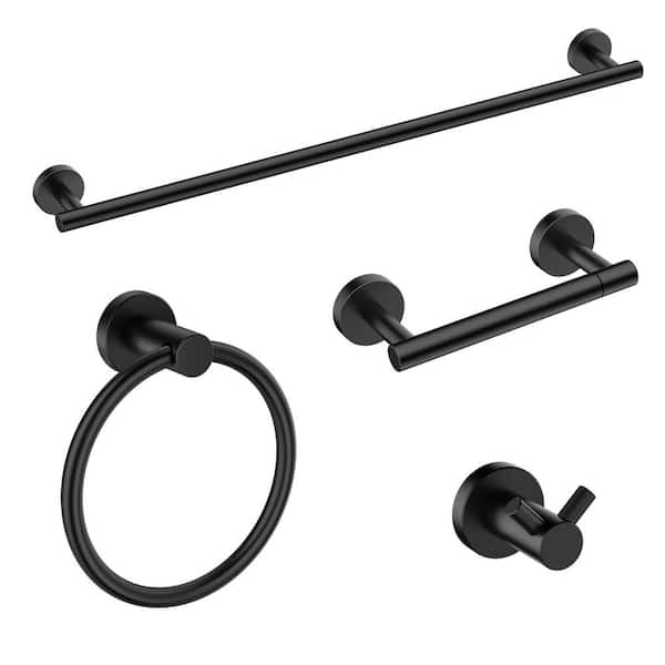 4-Piece Bath Hardware Set Included 24 in. Towel Bar, Towel Ring, Toilet Paper Holder and Towel Hooks in Matte Black