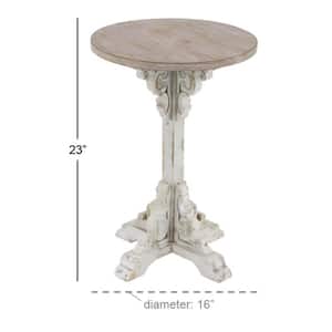 16 in. White Intricately Carved Scroll Large Round Wood End Accent Table with Brown Wood Top