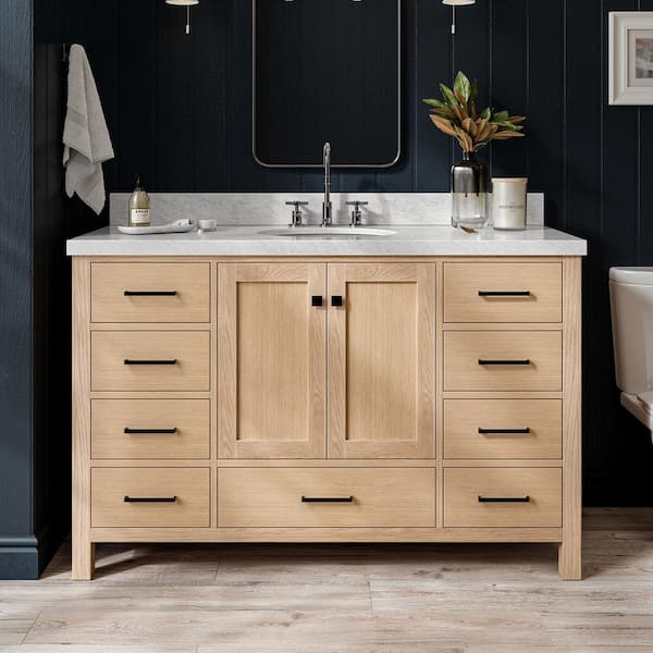 Cambridge 54 in. Single Sink Freestanding Bathroom Vanity in Oak with Carrara White Marble Top