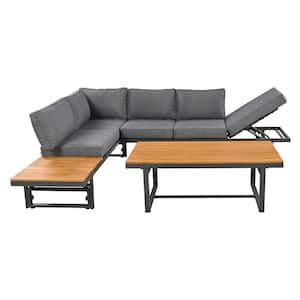 3-Piece Metal Multi Functional Outdoor Sectional Set with Height Adjustable Seating, Coffee Table and Grey Cushions