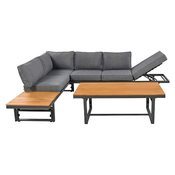 Unbranded 3-Piece Metal Multi Functional Outdoor Sectional Set with Height Adjustable Seating, Coffee Table and Grey Cushions