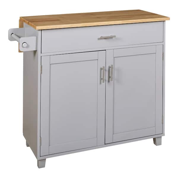 Cesicia Gray Rubber Wood Countertop 39 in. Kitchen Island on 4 Wheels with Drop Leaf, Spacious Drawer and Adjustable Shelf
