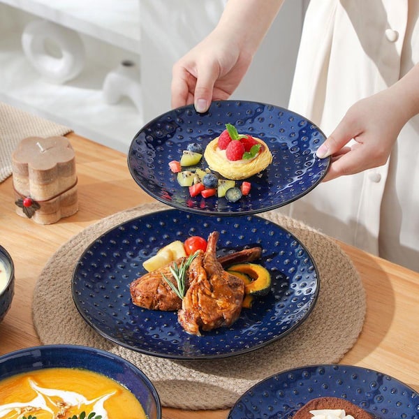MALACASA 16-Piece Blue Stoneware Dinnerware Set (Service for 4) Bowls and Plates Set Embossed Dots Pattern Tableware Dinner Set