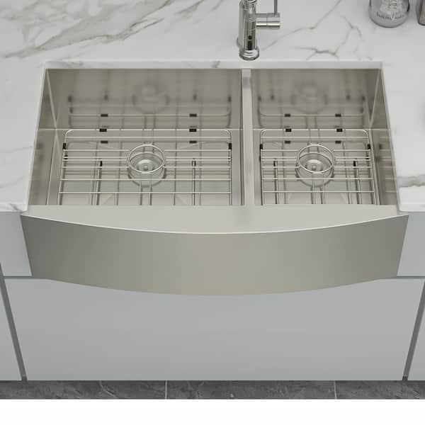 33 in. Farmhouse Double Bowl (60/40) 16 Gauge Brushed Nickel Stainless Steel Kitchen Sink with Bottom Grids
